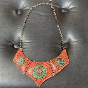 Vintage Brass, Turquoise and Coral Necklace made in India. Bohemian Style.
